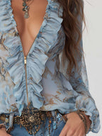 Bianca · Blusa Chiffon Estampada Azul con Volantes