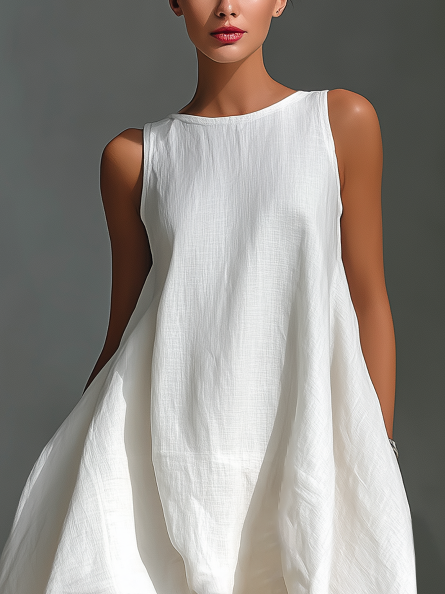Blanca · Vestido Midi de Lino con Bajo Asimétrico