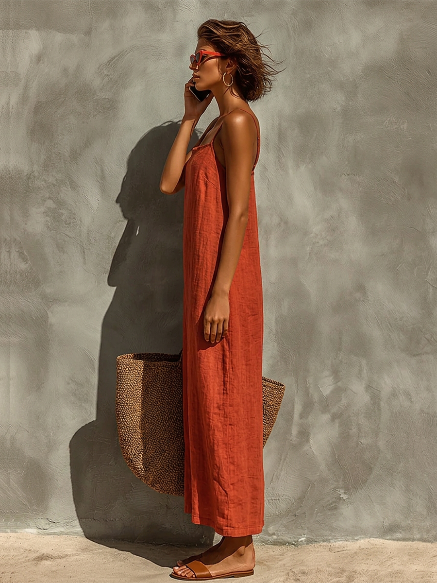 Vestido Rojo de Algodón con Tirantes Finos y Escote Cuadrado - Boho Resort