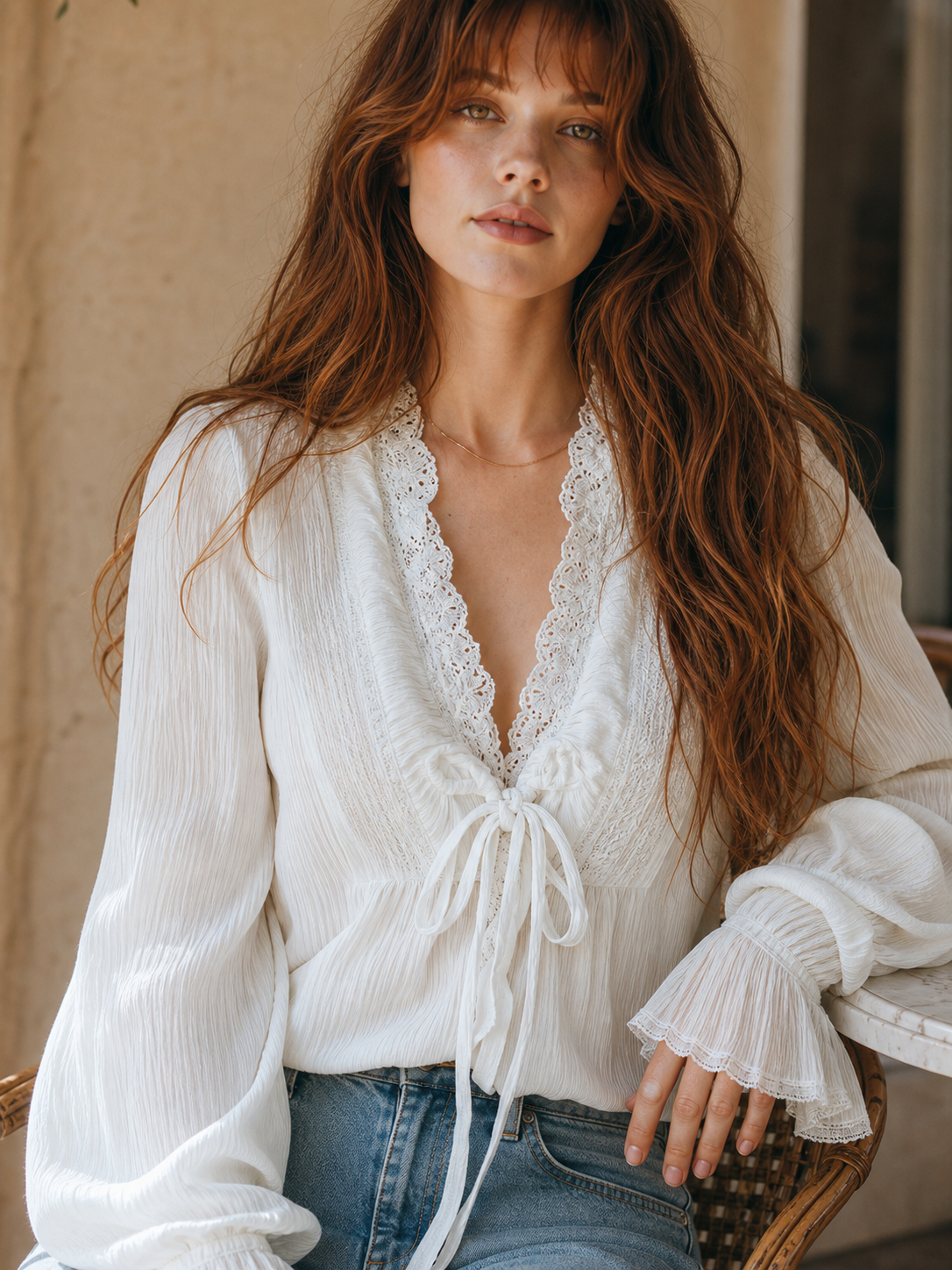 Aitana · Blusa Boho Blanca con Encaje y Volantes