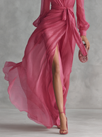 Vestido Largo Chiffon Rosa Perla con Escote V y Cintura Atada