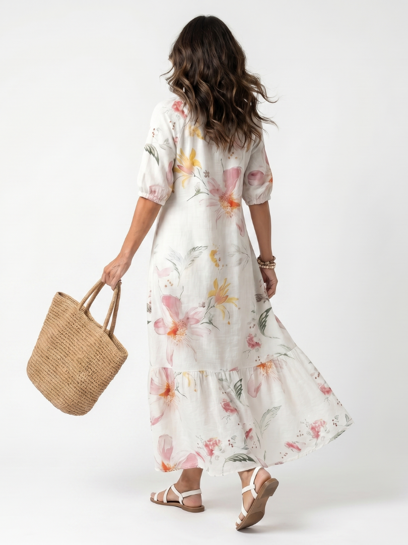 Daniela · Vestido Midi Floral con Volantes y Borlas
