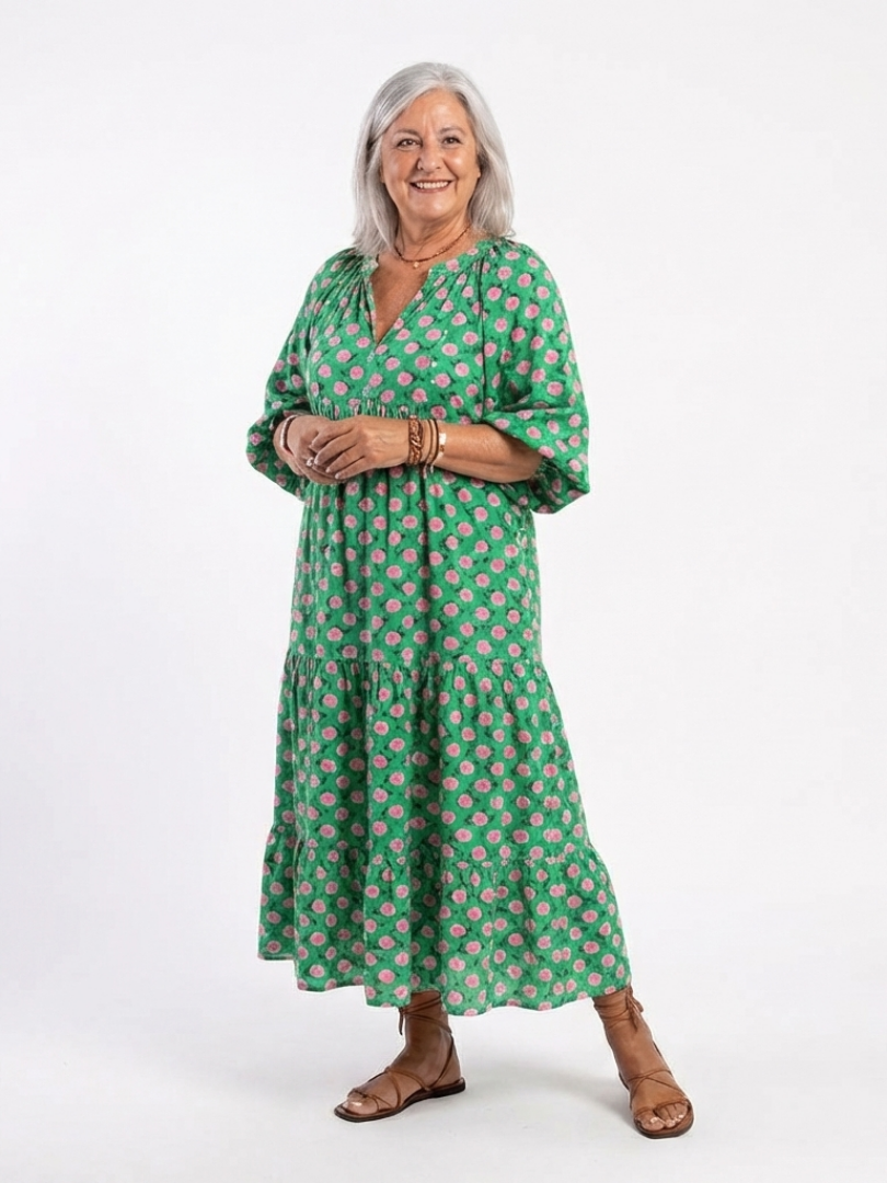 Fabiola · Vestido Midi Estampado Floral con Escote en V y Volantes