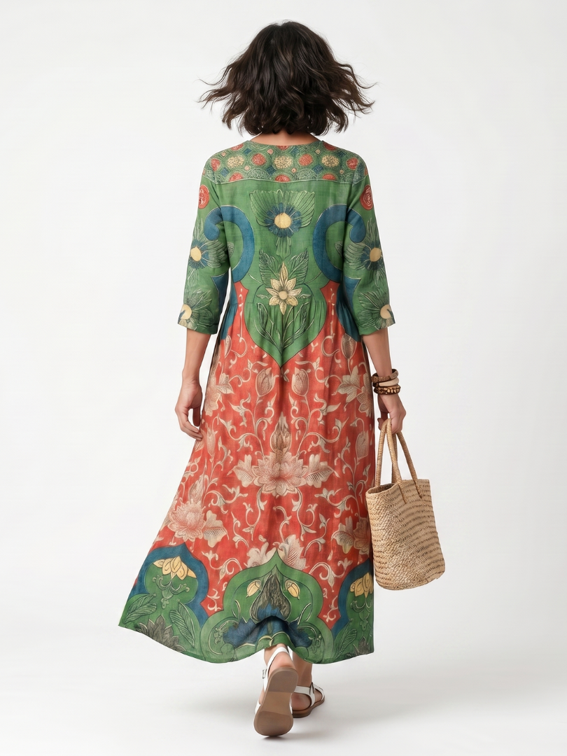 Ainhoa · Vestido Midi Estampado con Escote en Pico y Bolsillos