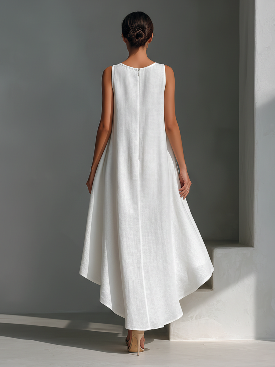 Blanca · Vestido Midi de Lino con Bajo Asimétrico