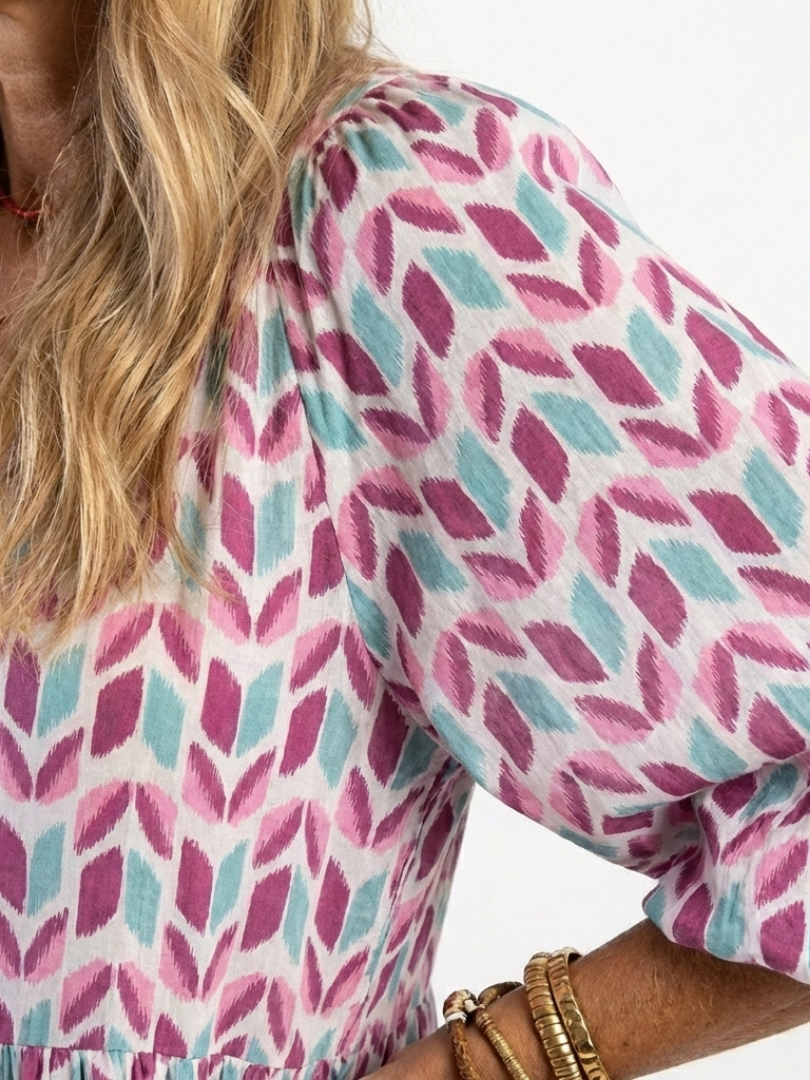 Miriam · Vestido Midi Estampado Geométrico Manga Larga con Volantes