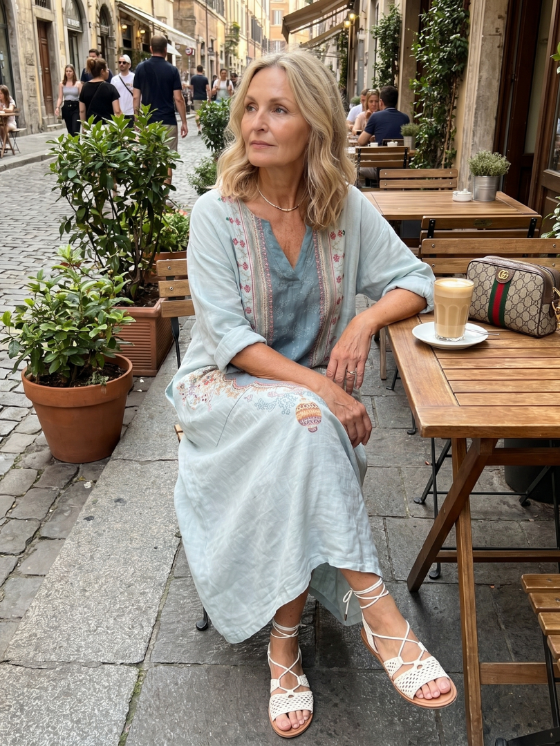 Carlota · Vestido Midi Bordado Holgado con Bolsillos