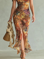 Vestido Maxi Elegante con Escote Cuadrado y Estampado Floral