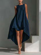 Blanca · Vestido Midi de Lino con Bajo Asimétrico