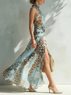 Leona · Vestido Maxi Chifón Estampado Leopardo Azul