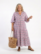 Miriam · Vestido Midi Estampado Geométrico Manga Larga con Volantes