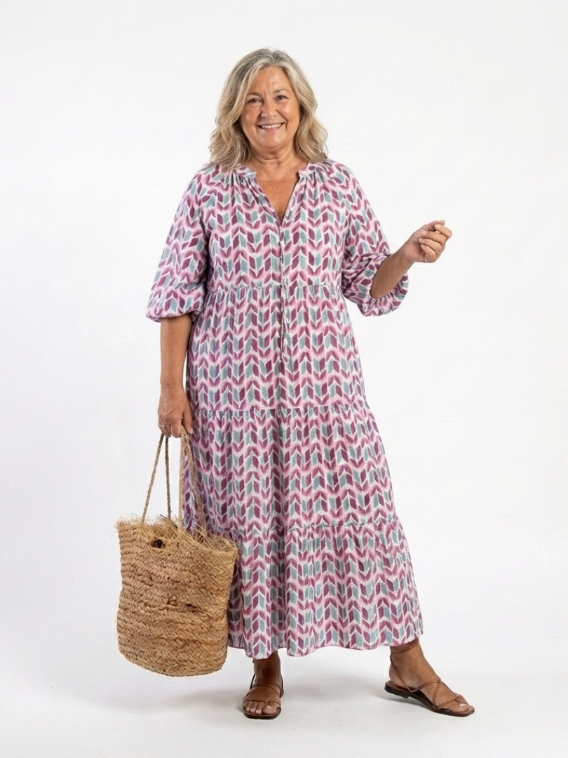 Miriam · Vestido Midi Estampado Geométrico Manga Larga con Volantes