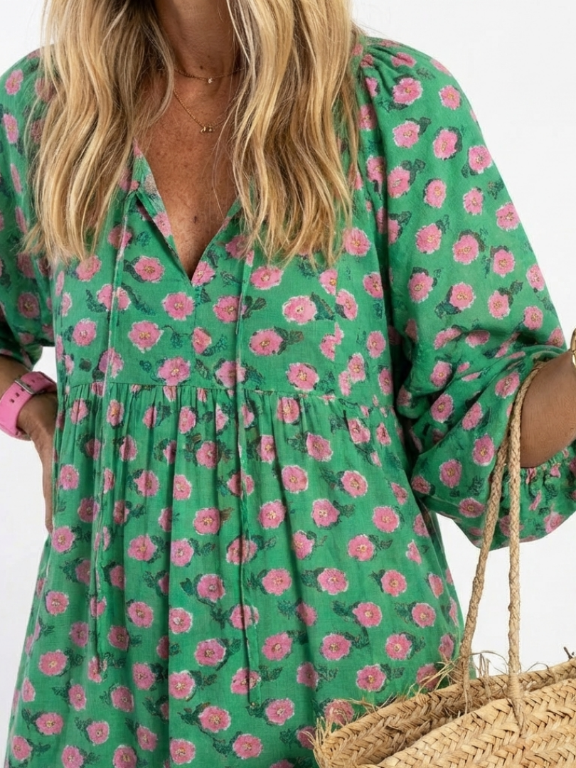 Fabiola · Vestido Midi Estampado Floral con Escote en V y Volantes