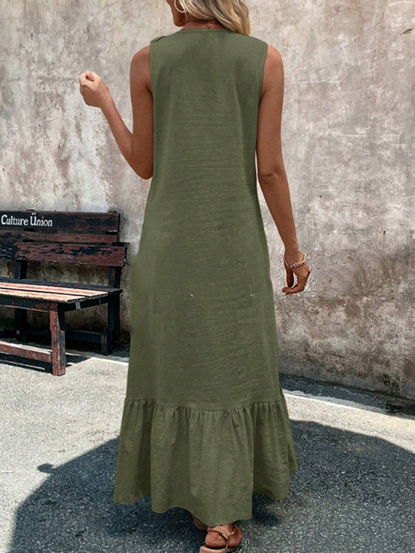 A-Line Loose Pleated Ruffle Trim Solid Color V-Neck Maxi Dresses