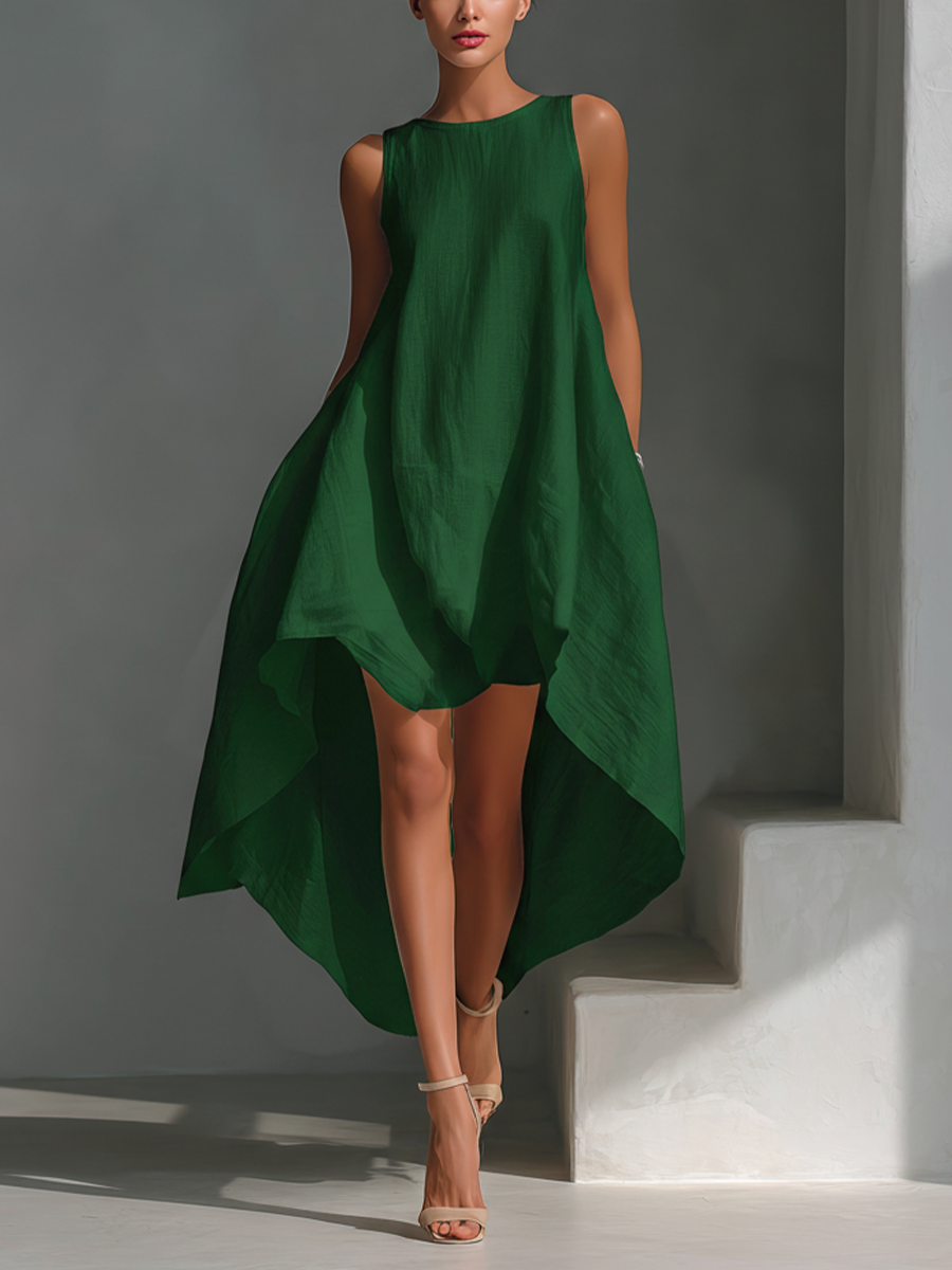 Blanca · Vestido Midi de Lino con Bajo Asimétrico