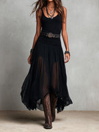 Vestido Maxi Negro Boho Western con Falda Semitransparente