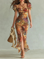 Vestido Maxi Elegante con Escote Cuadrado y Estampado Floral