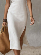 Blanca · Vestido Midi Lino Cuello Mao con Abertura