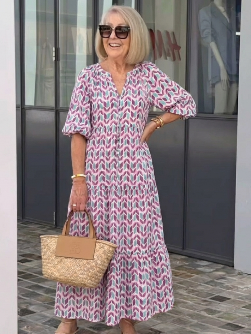 Miriam · Vestido Midi Estampado Geométrico Manga Larga con Volantes