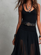 Vestido Maxi Negro Boho Western con Falda Semitransparente