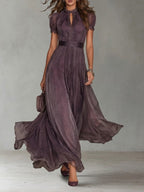 Flavia | Vestido Largo Violeta con Escote Gota y Encaje en Chiffon