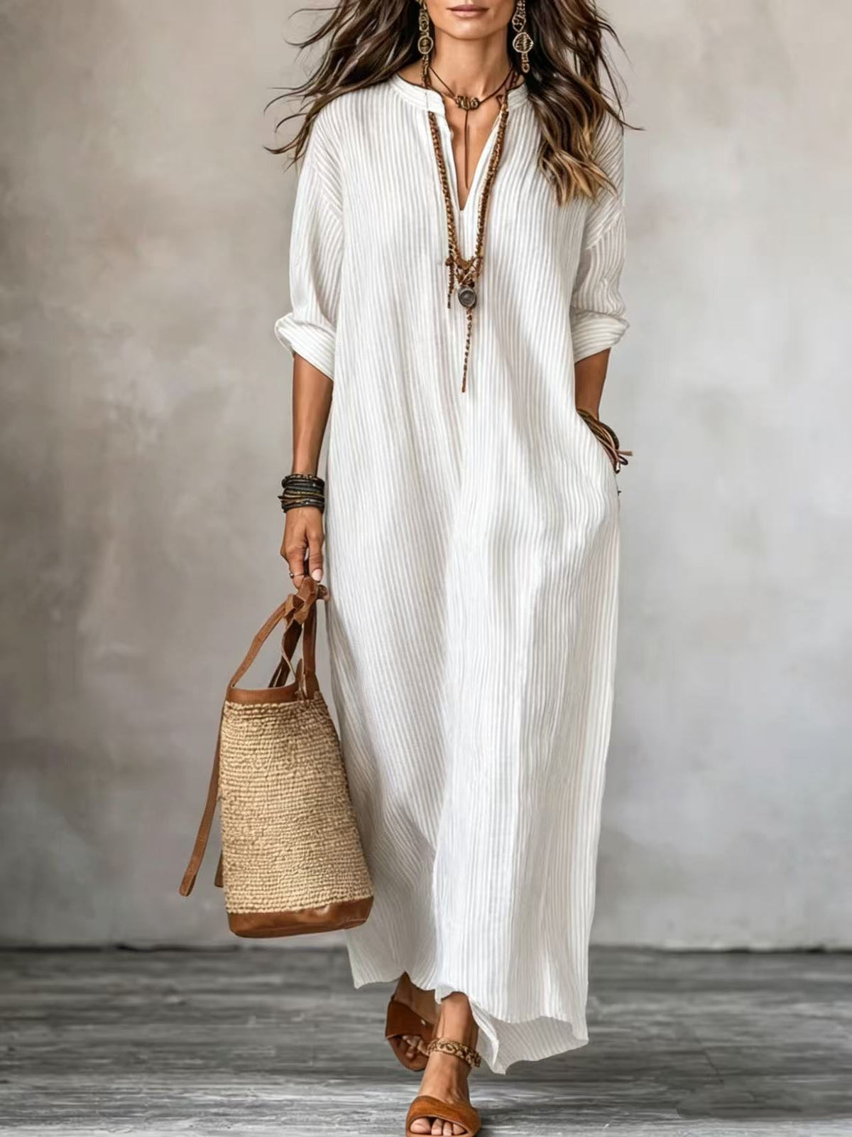 Petronila · Vestido Maxi de Rayas Manga Larga con Bolsillos