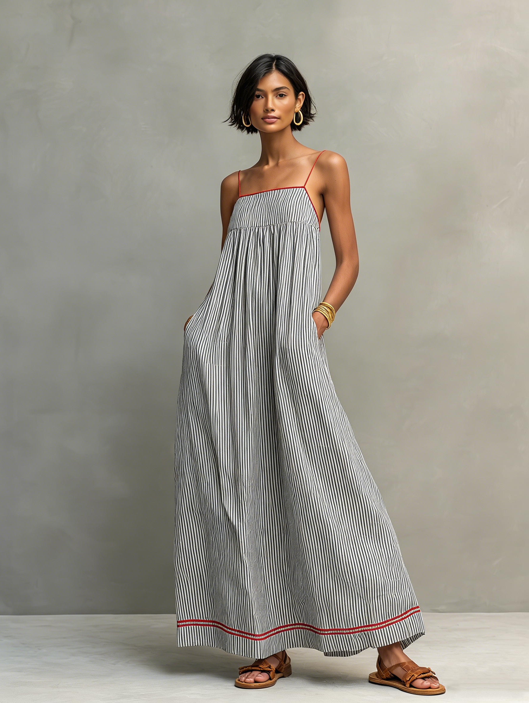 Vestido Maxi Minimalista de Rayas con Ribete Rojo y Tirantes Finos