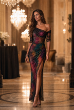 Aurora · Vestido Maxi Asimétrico Estampado Galaxia