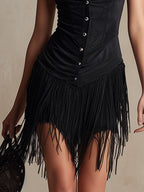 Vestido Mini Ante Sintético Negro con Flecos Western