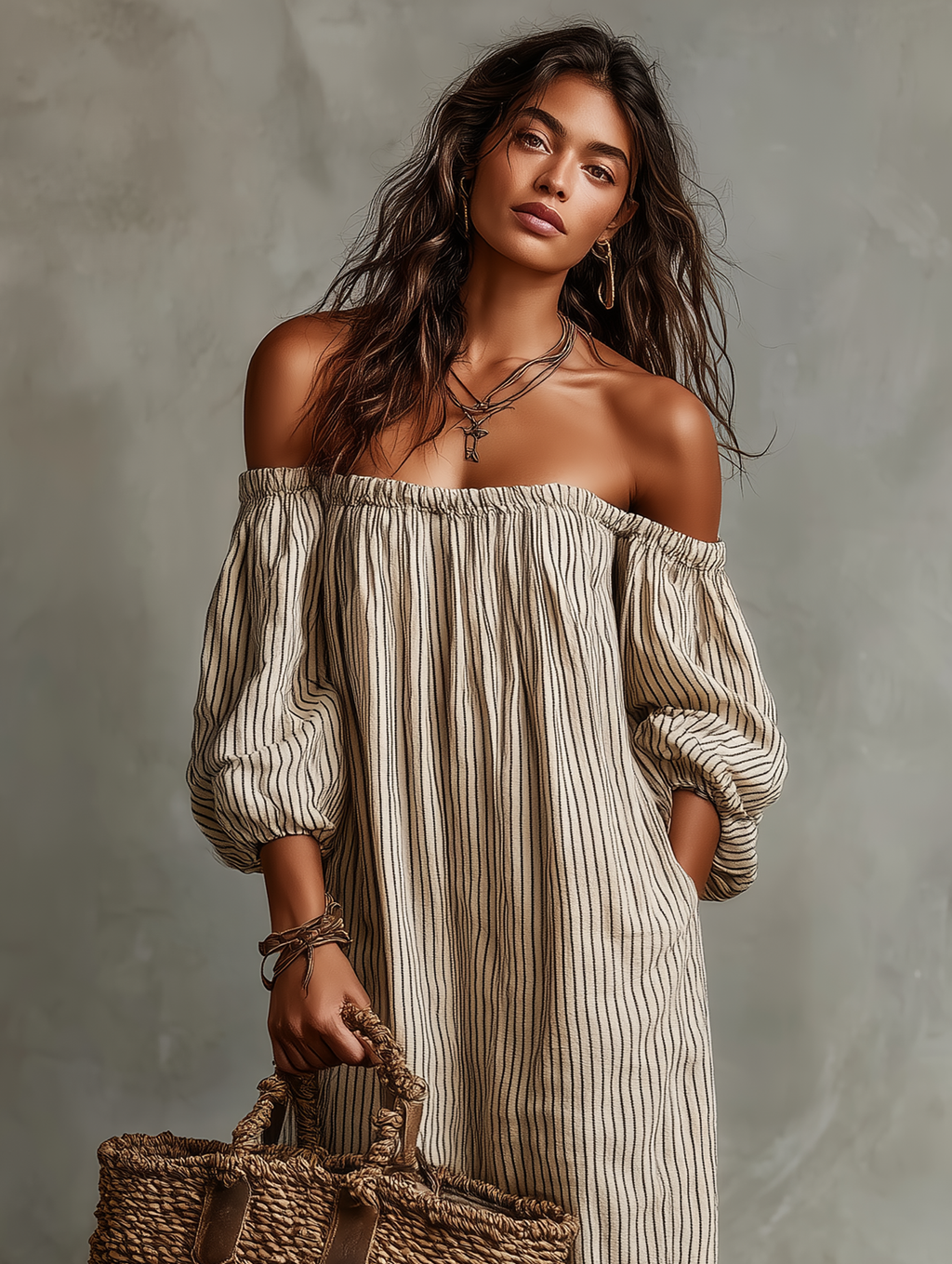 Vestido Maxi de Vacaciones, Hombros Descubiertos y Manga Larga