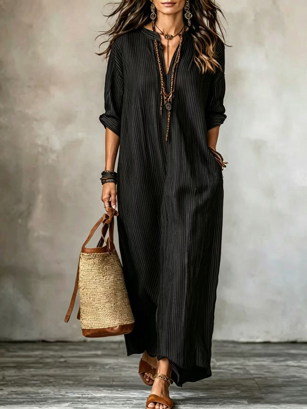 Petronila · Vestido Maxi de Rayas Manga Larga con Bolsillos