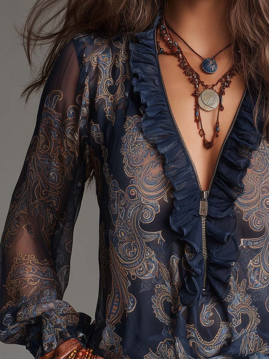 Adriana · Blusa de Chifón Azul Marino con Estampado Barroco
