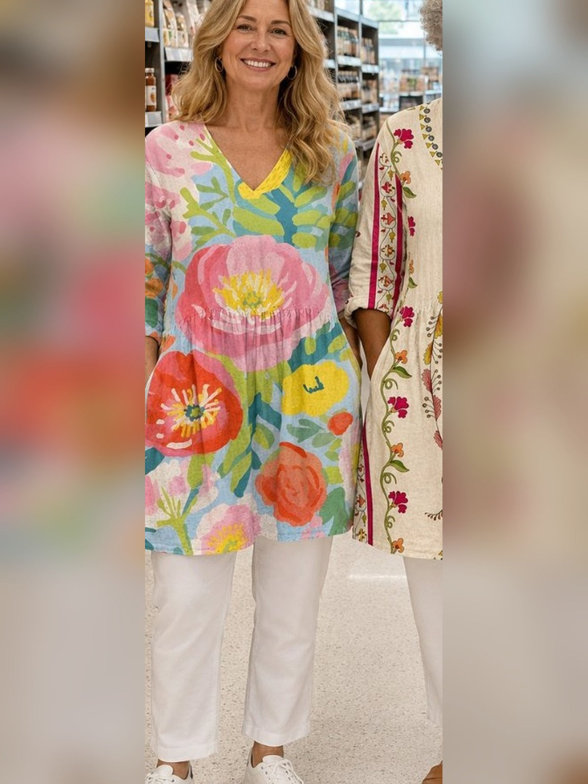 Rosalinda blusa larga floral acuarela con bolsillos