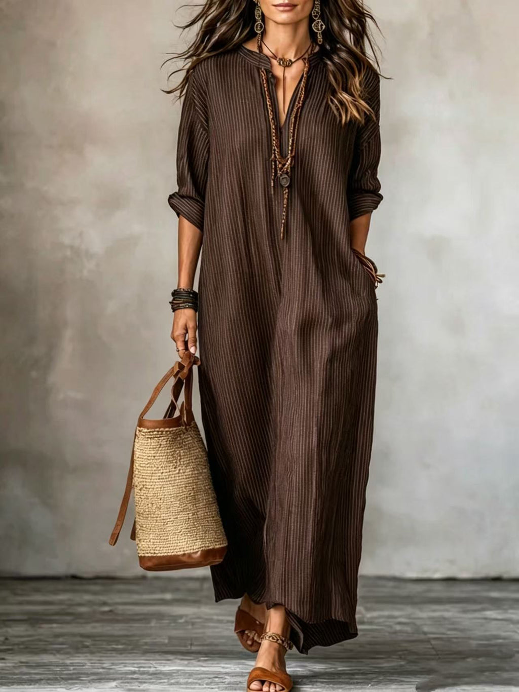 Petronila · Vestido Maxi de Rayas Manga Larga con Bolsillos