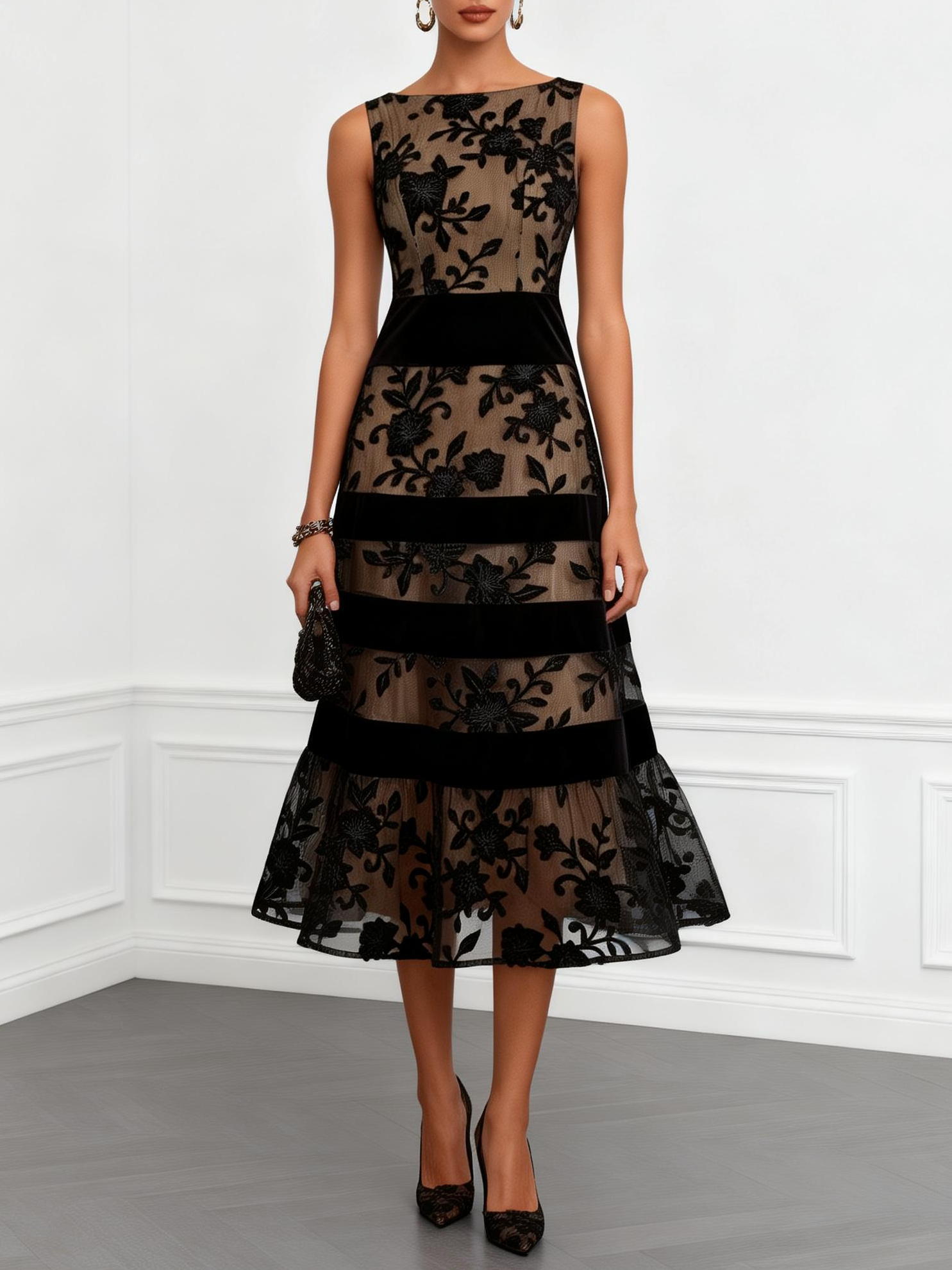 Lidia · Vestido Midi de Malla Floral Línea A
