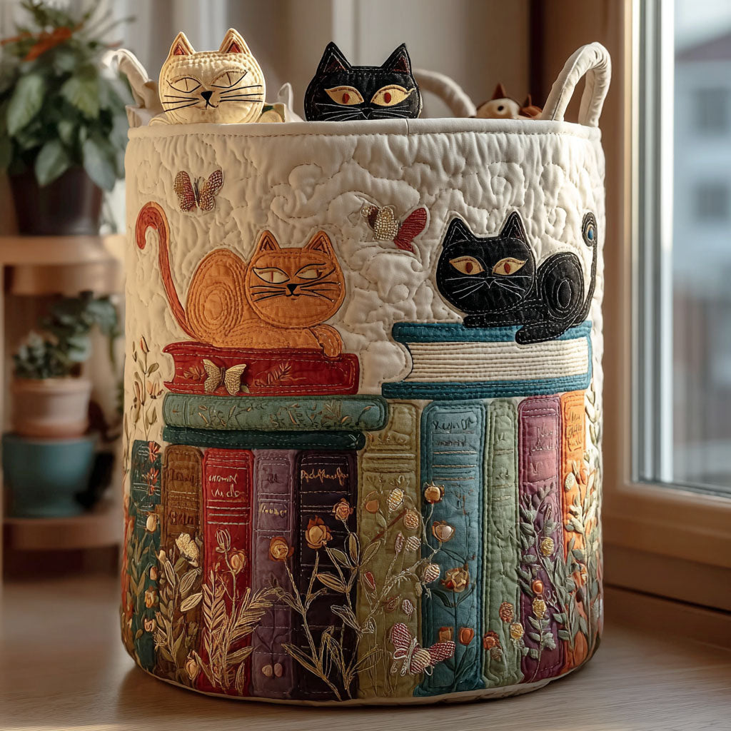 Paola · Cesto de Ropa Acolchado — Gatos y Libros