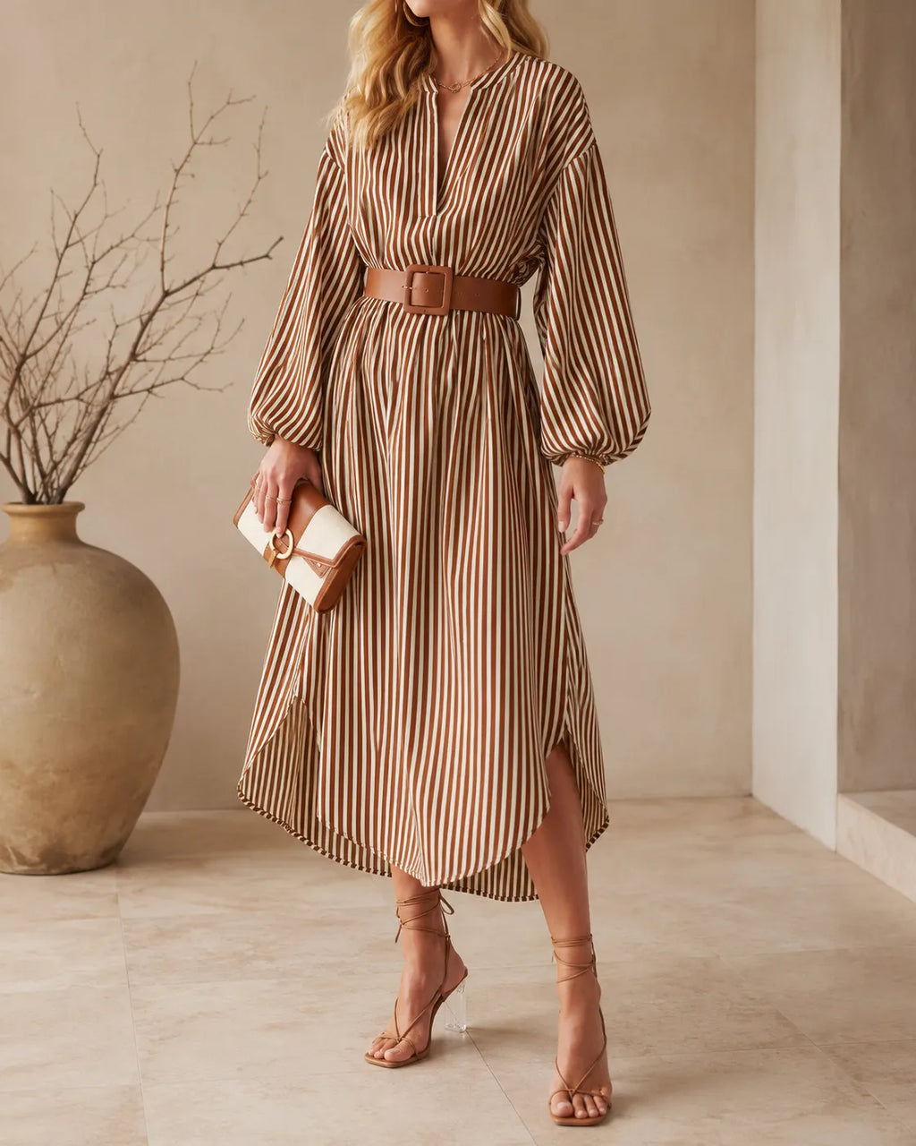 Begoña · Vestido Camisero Midi de Rayas con Cinturón