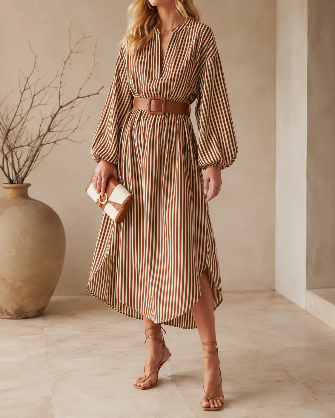 Begoña · Vestido Camisero Midi de Rayas con Cinturón