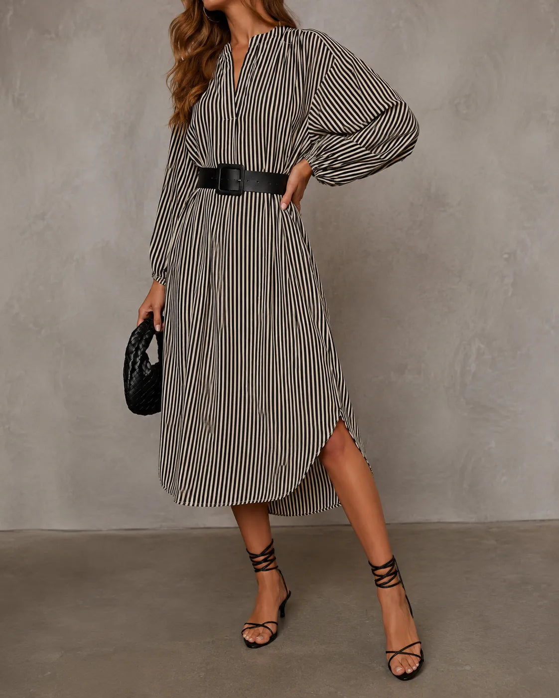 Begoña · Vestido Camisero Midi de Rayas con Cinturón