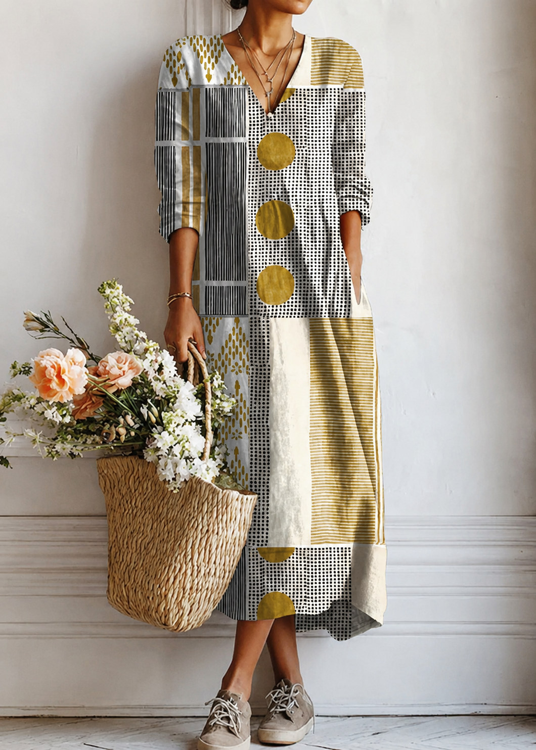 Mathilde | Vestido Largo Patchwork Mostaza y Blanco