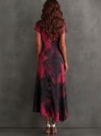 Red and Black Abstract Print Wrap Midi Dress, V-Neck Collared, Short Sleeve, Tie Waist, Asymmetrical Hem with Ruffles