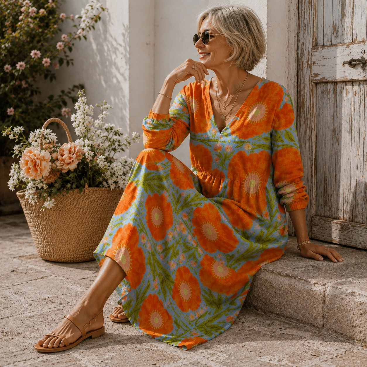 Alice | Vestido Largo Floral Naranja y Verde