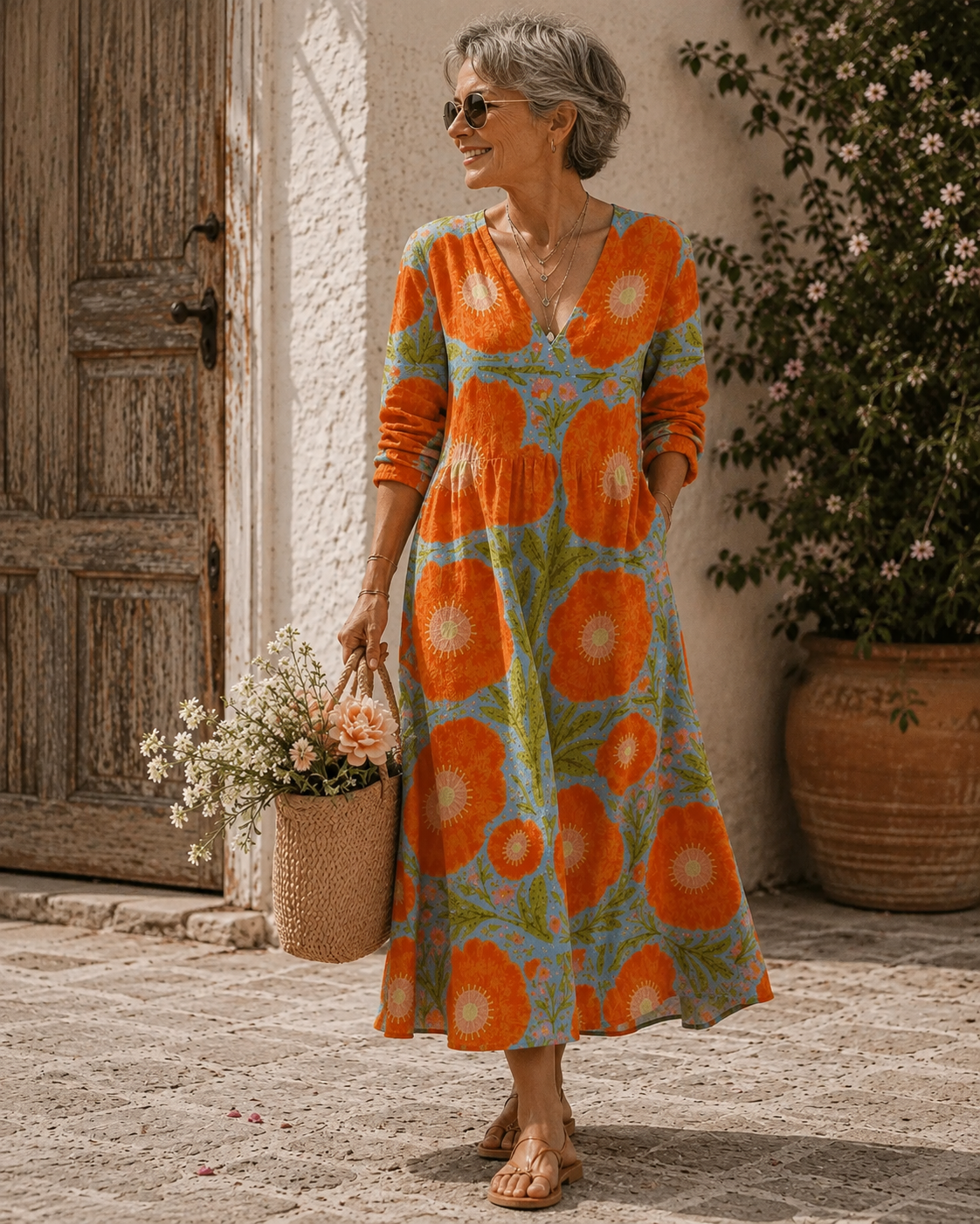 Alice | Vestido Largo Floral Naranja y Verde