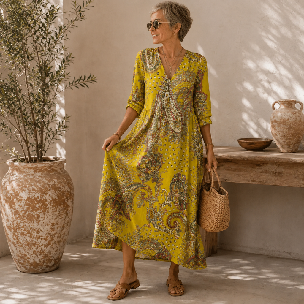 Andree | Vestido Largo Estampado Cachemir Amarillo