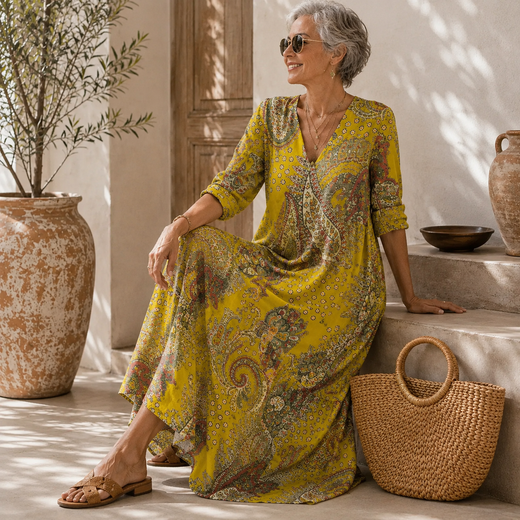 Andree | Vestido Largo Estampado Cachemir Amarillo