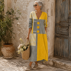 Rosalie | Vestido Largo Patchwork Mostaza y Gris
