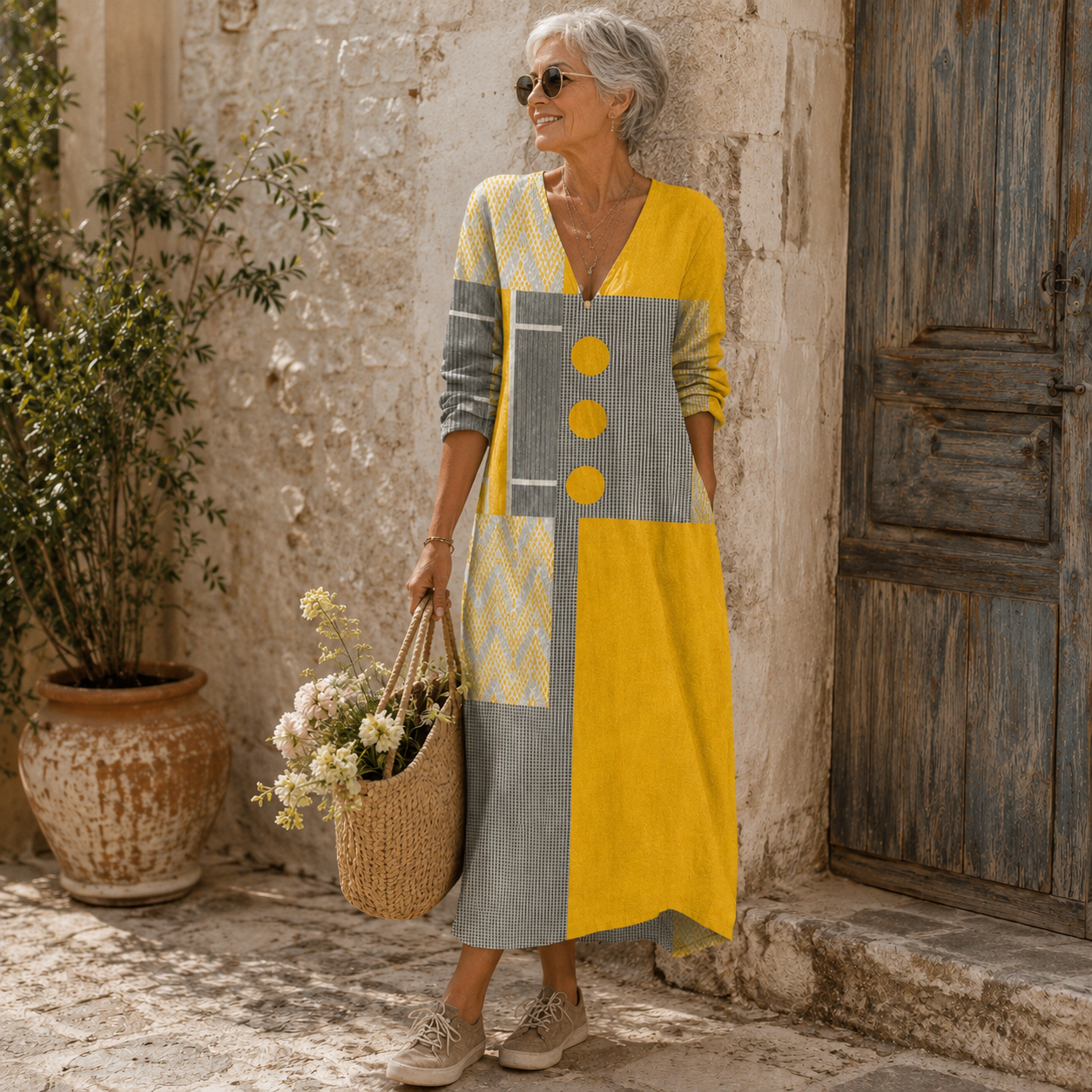 Rosalie | Vestido Largo Patchwork Mostaza y Gris