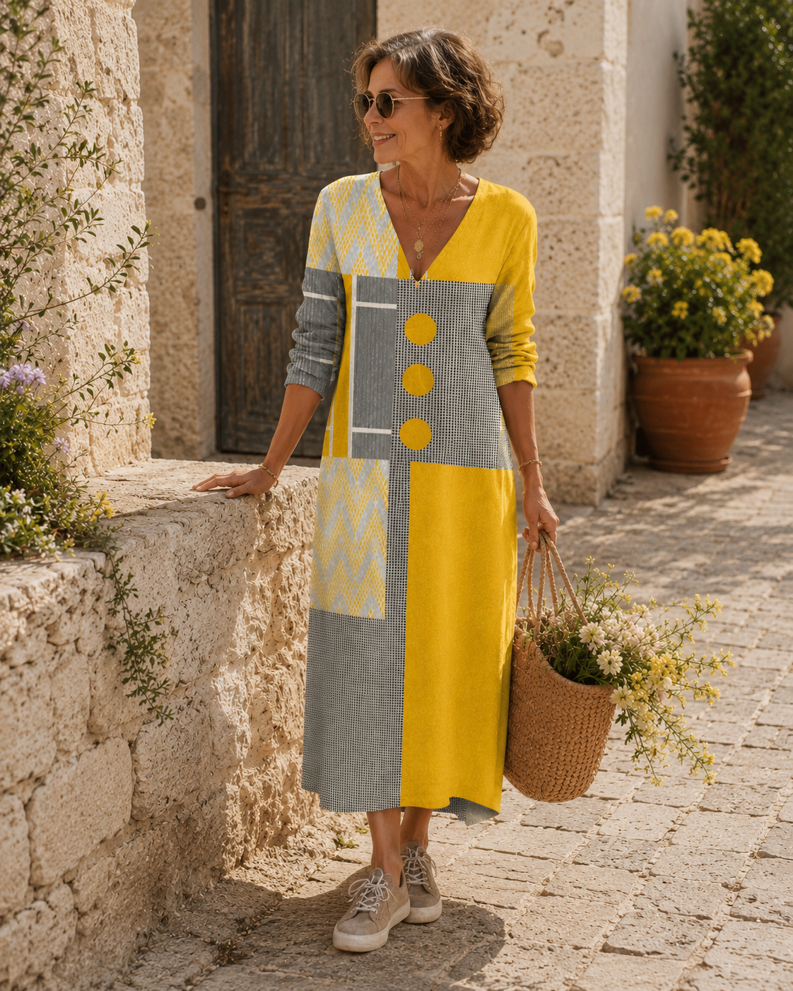 Rosalie | Vestido Largo Patchwork Mostaza y Gris