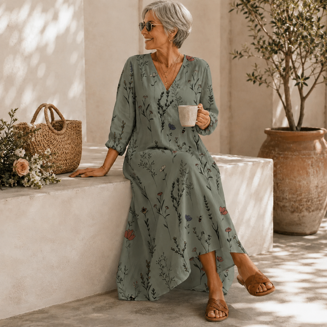 Lucette | Vestido Largo Floral Verde Salvia