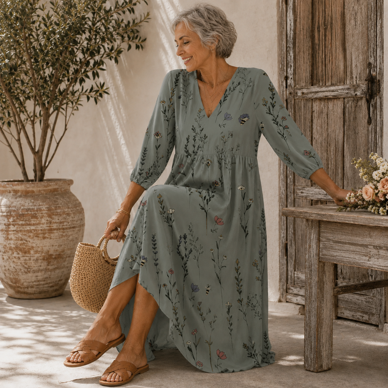 Lucette | Vestido Largo Floral Verde Salvia